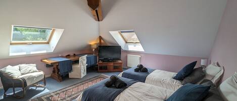 A cozy attic bedroom with two beds, a desk, a TV, and skylights.