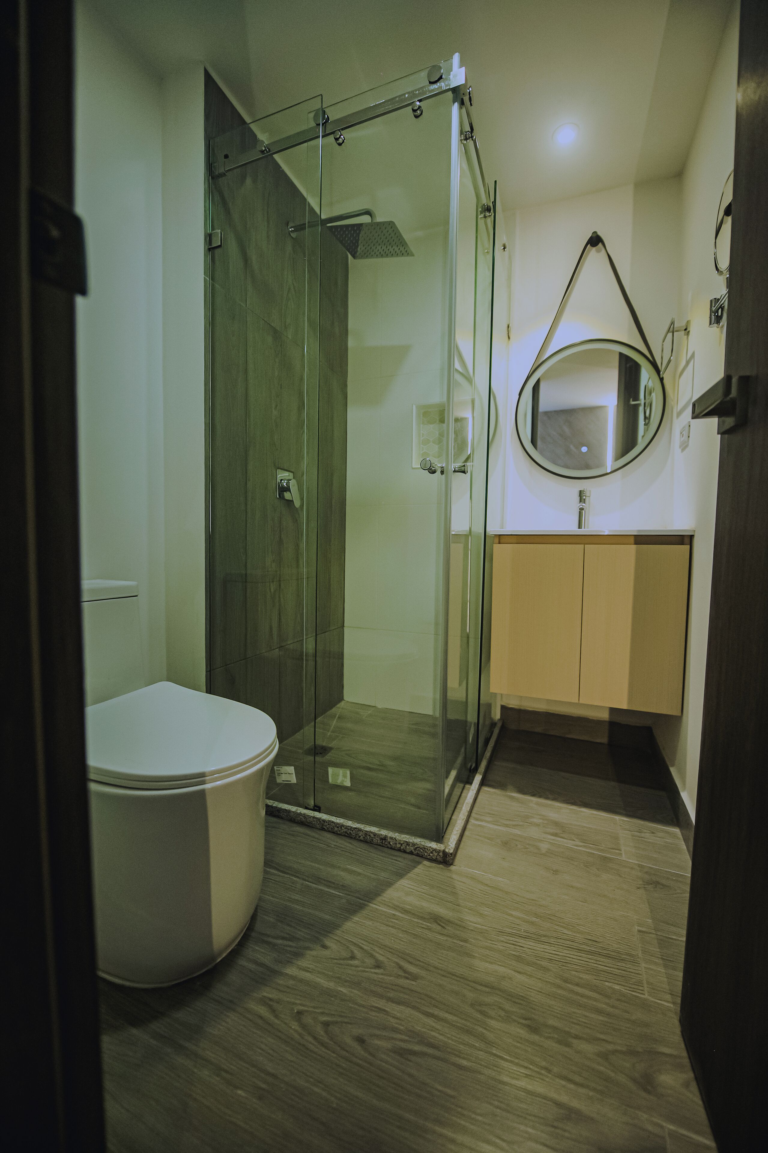 A bathroom with a glass-enclosed shower, a toilet, and a vanity with a mirror.