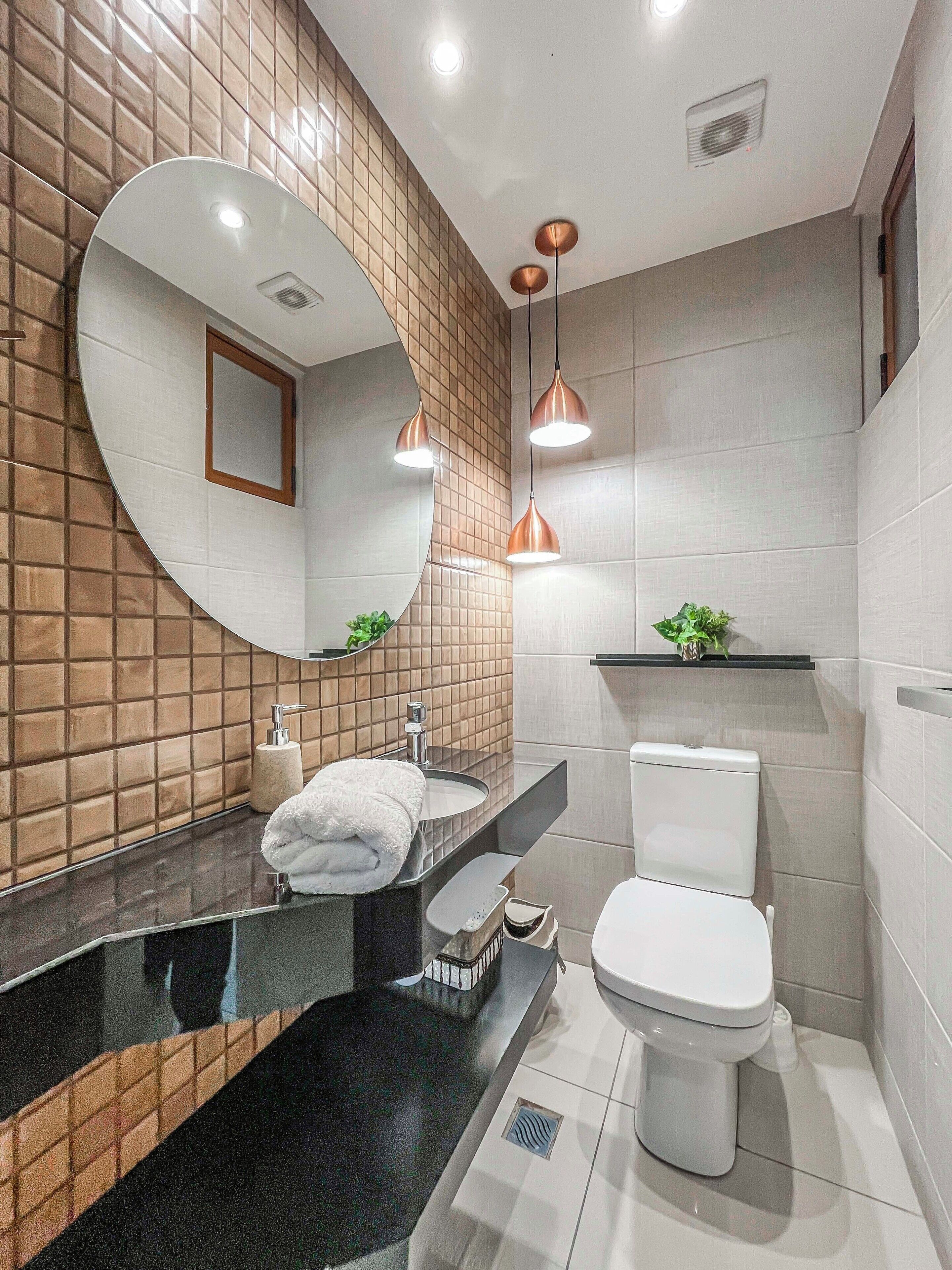 Une salle de bain moderne avec un plan de toilette noir, un miroir rond, des toilettes blanches et une plante posée sur une étagère.