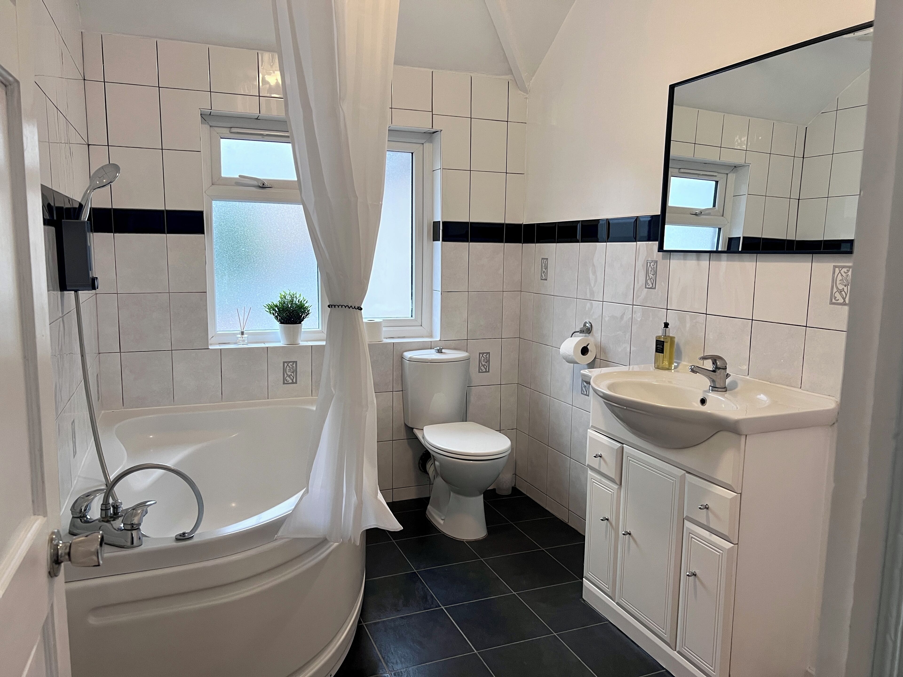 Shower, hair dryer, towels, soap