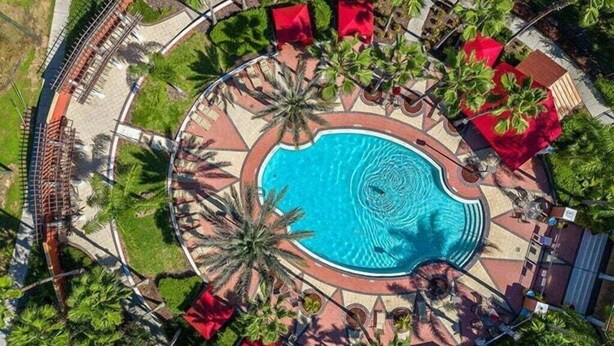 Luchtbeeld van een rond zwembad, omringd door palmbomen en rode parasols, met een betegelde looppad en een hek dat het gebied afsluit.