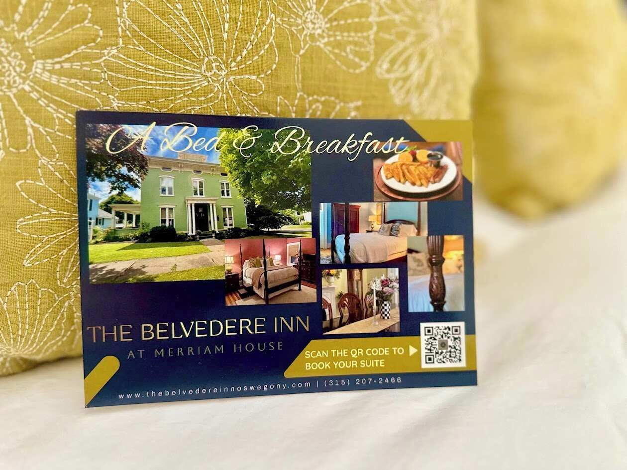 A brochure for The Belvedere Inn at Merriam House, featuring a photo of the building, a bedroom, and breakfast food.