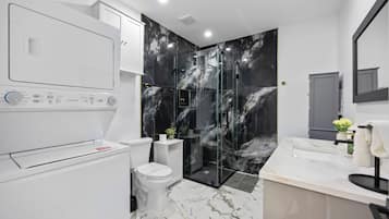 Hair dryer, towels, soap, toilet paper