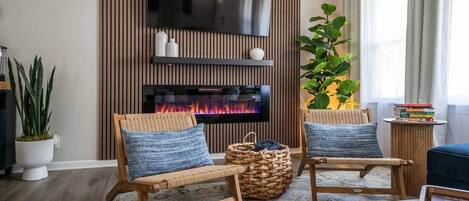 Smart TV, fireplace, video games, books