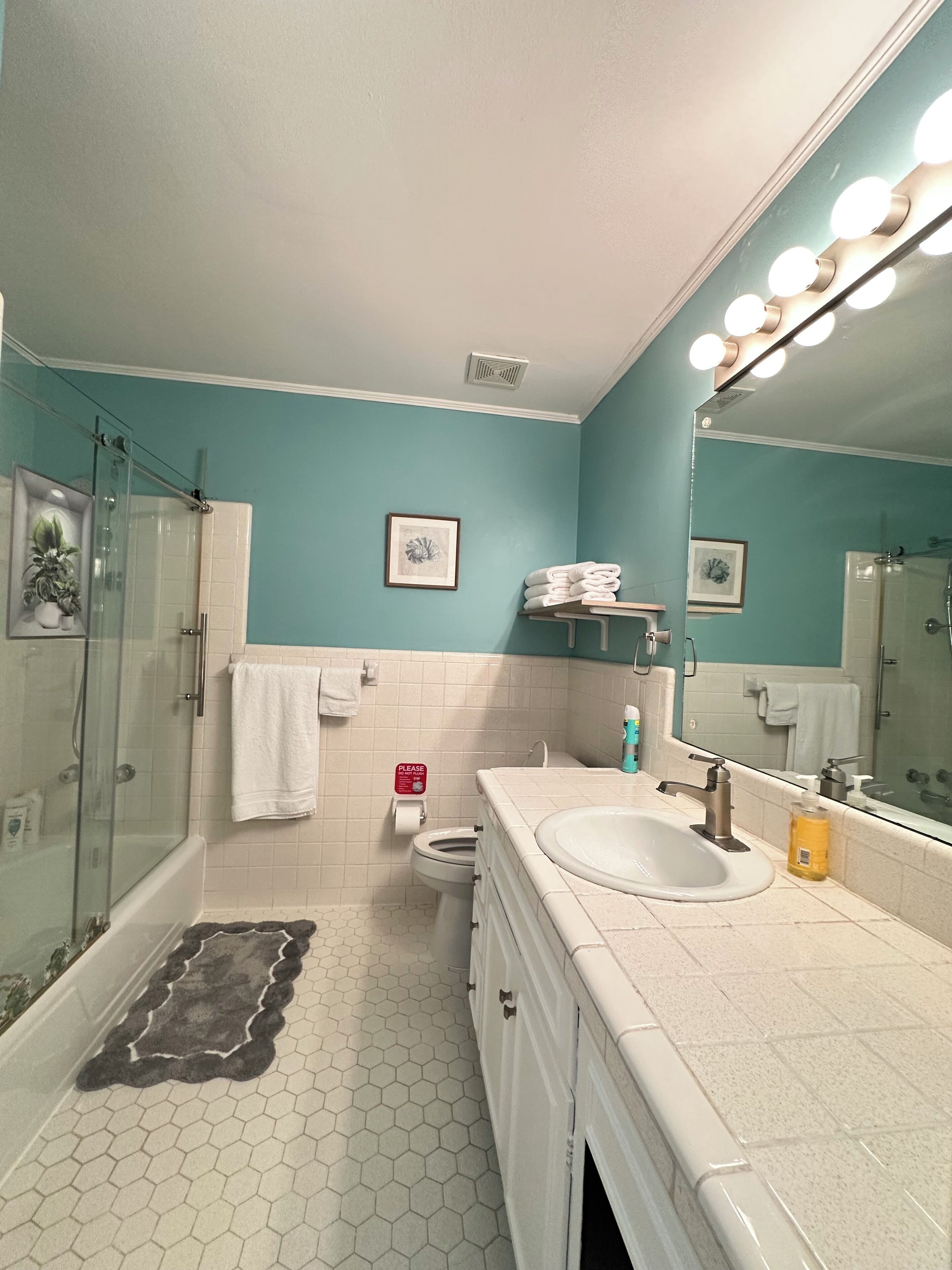A bathroom with a glass shower enclosure, a toilet, a sink with a mirror, and a vanity.