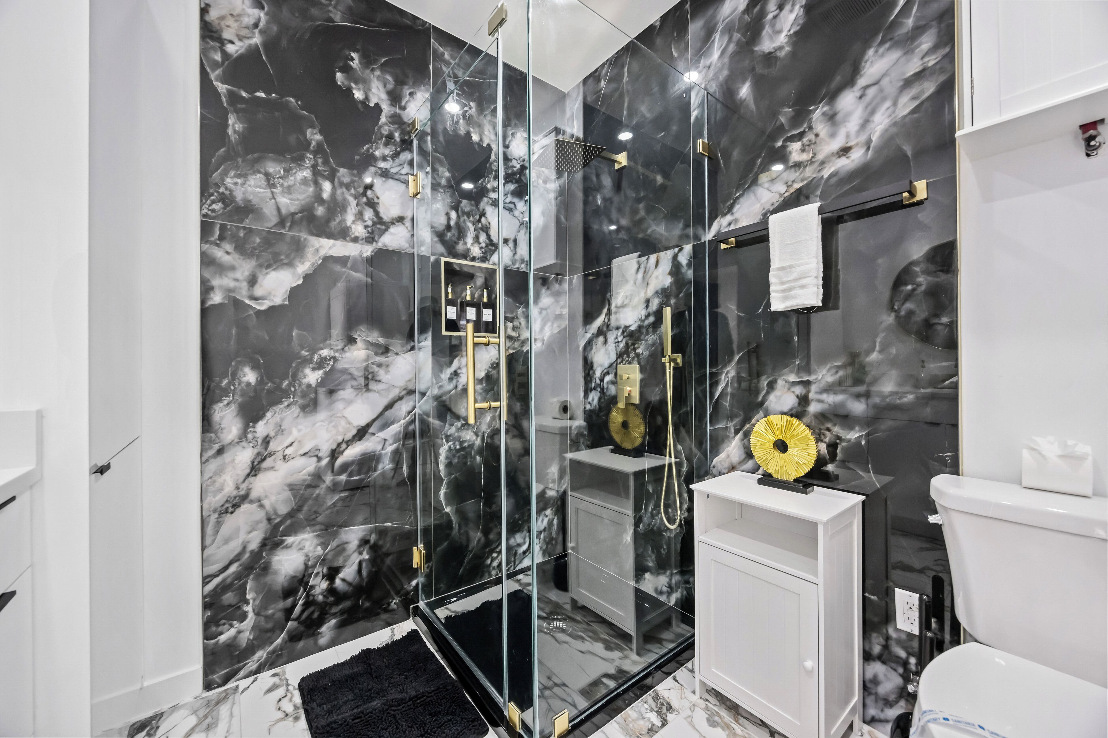 Hair dryer, towels, soap, toilet paper
