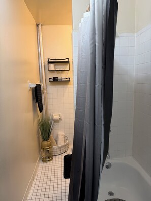 Hair dryer, towels, soap, toilet paper