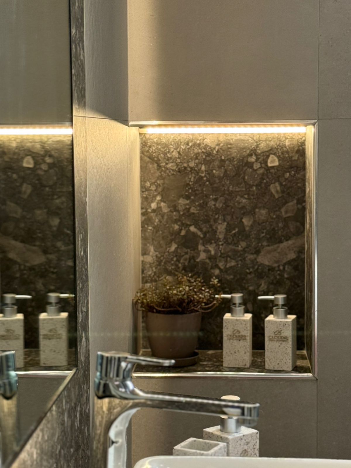 Une salle de bain avec un pare-baignoire en marbre, une plante en pot et deux distributeurs de savon.