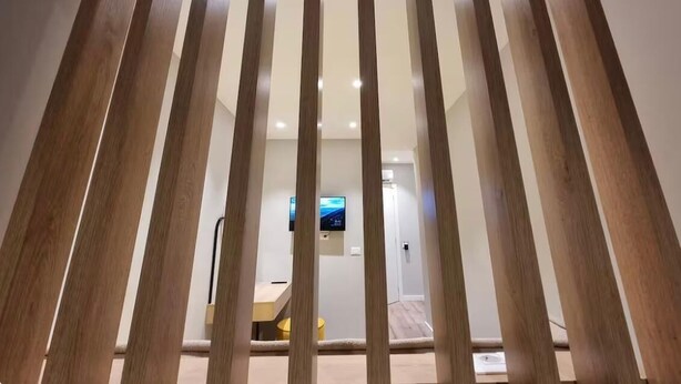 Un intérieur moderne avec des lambris en bois, un téléviseur à écran plat et une salle de bain à l’aménagement ouvert.