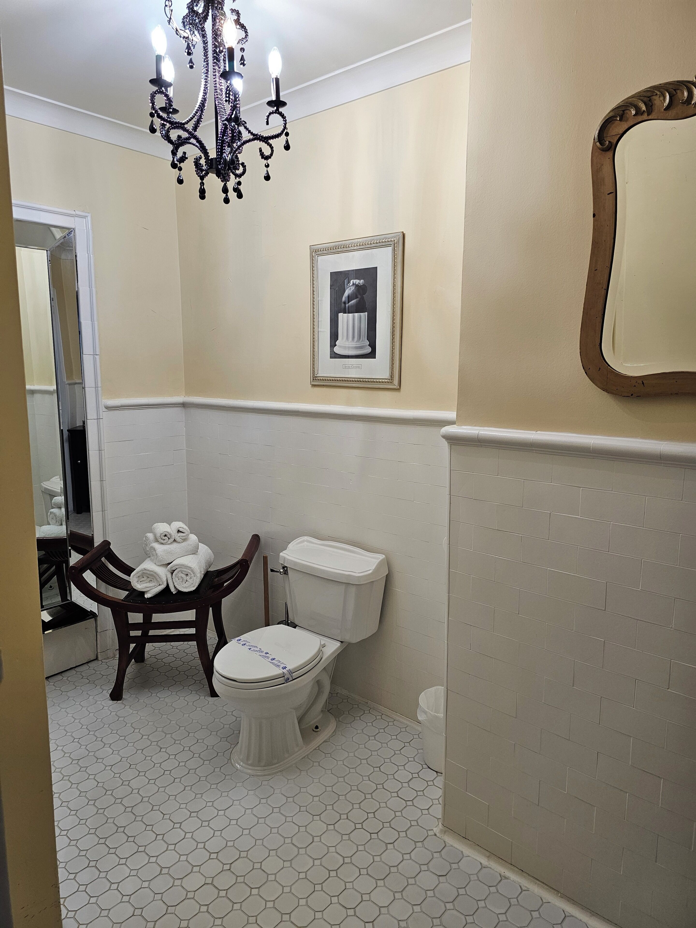 Chuveiro, secador de cabelo, toalhas de banho, sabonete