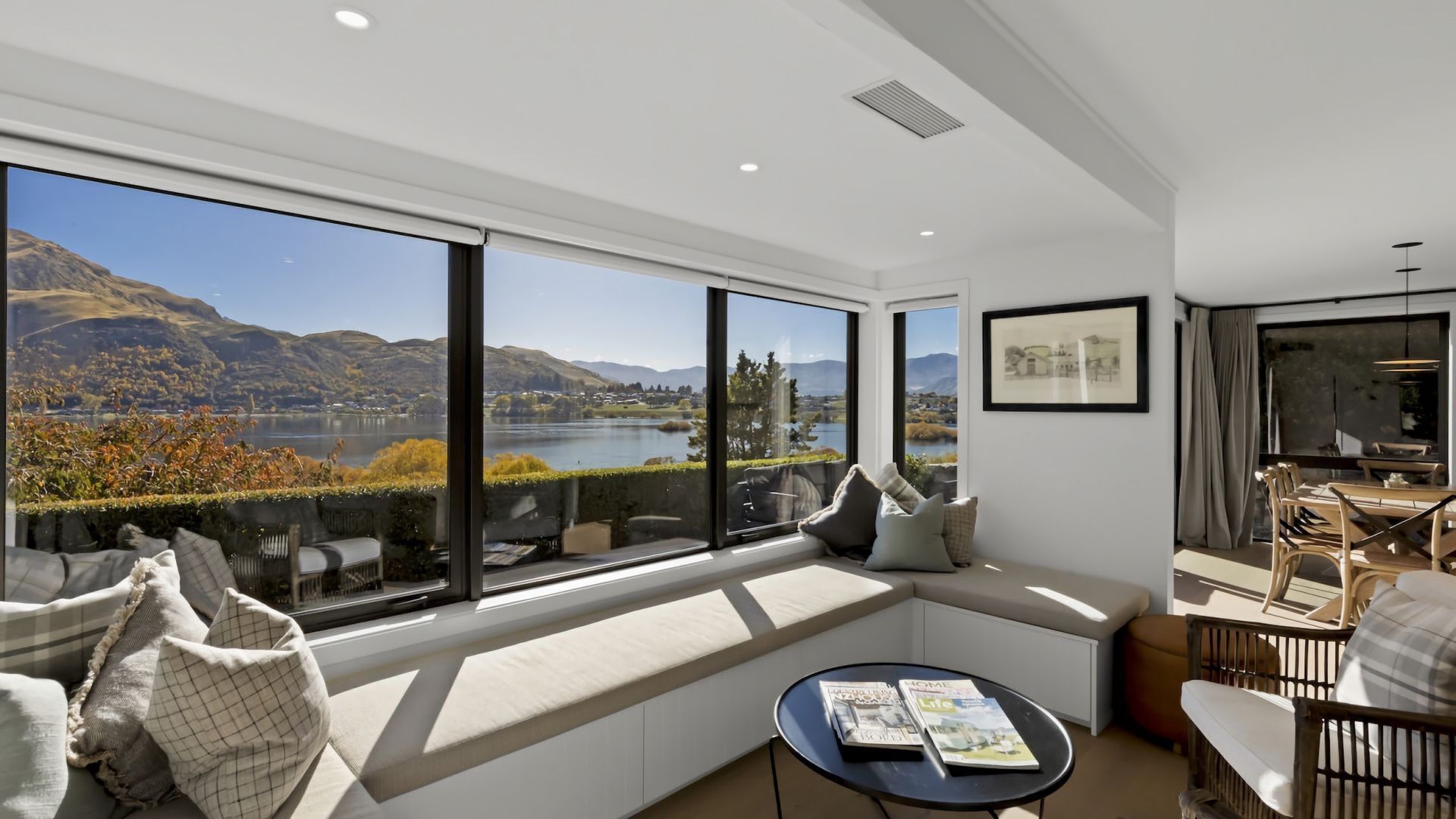 Smart TV, fireplace, books