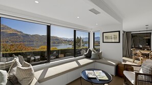 Smart TV, fireplace, books