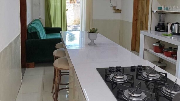 Une cuisine compacte avec un îlot central, un coin repas avec des chaises, un téléviseur fixé au mur et une plante en pot.