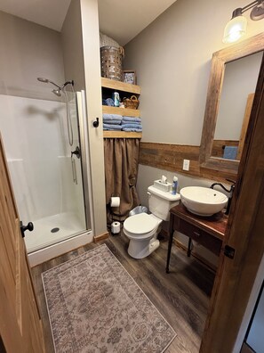 Ducha, secador de pelo, toallas, jabón