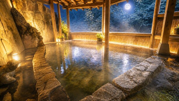 A stone hot spring bath with wooden beams and a view of the night sky. - Livemax Resort Kawamata Onsen (Nikko)