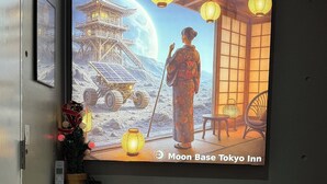 A hotel reception area with a large screen displaying a scenic view of a traditional building and a person in traditional attire. - Moon Base Tokyo Inn (Tokyo)