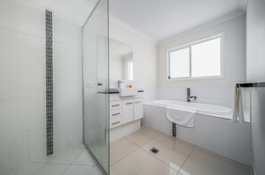 Hair dryer, towels, toilet paper