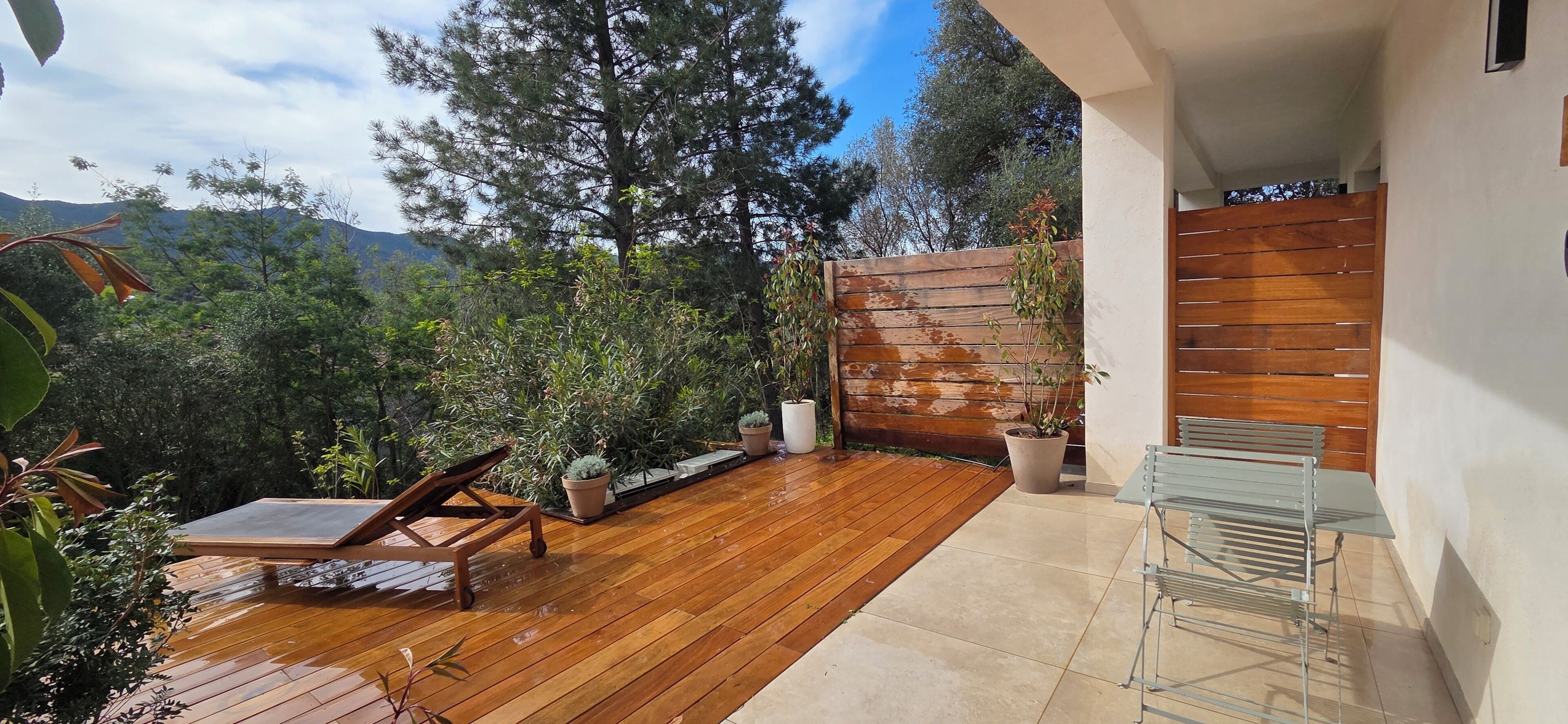 Une terrasse en bois avec un espace salon, des plantes en pot et une vue sur les arbres et les montagnes.
