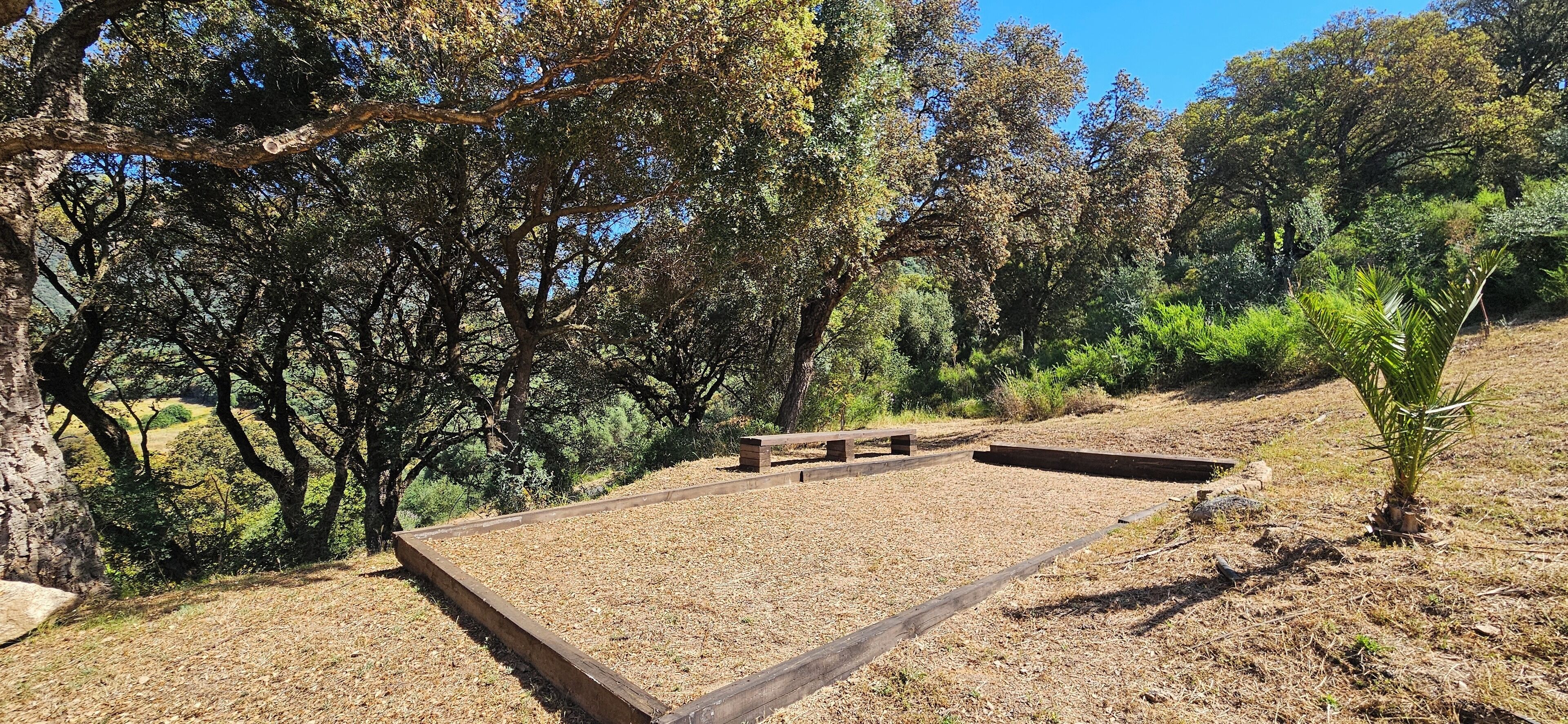 Un jardín con una terraza de madera y un cantero elevado.