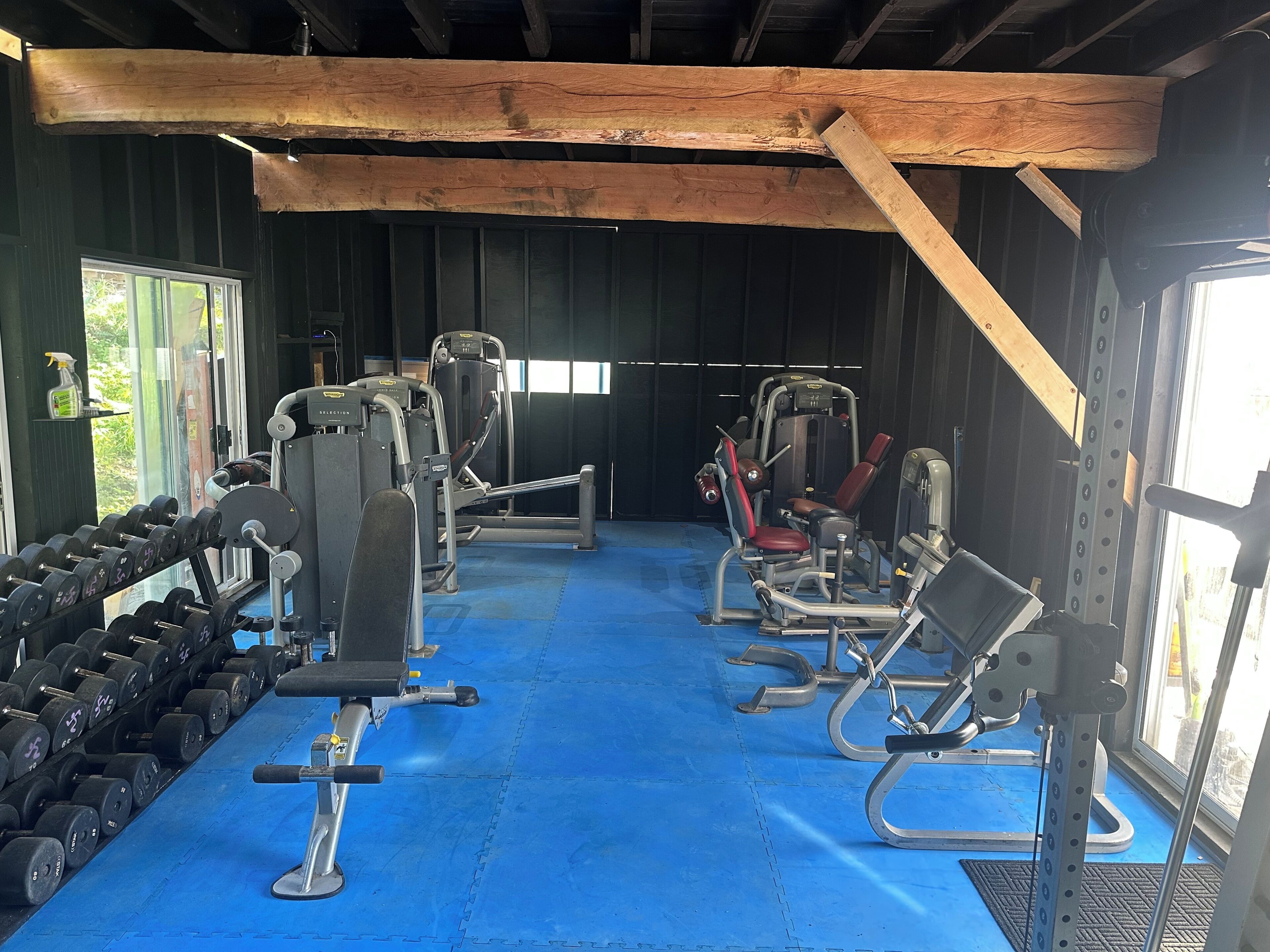 A gym with weight machines, dumbbells, and a blue mat floor.