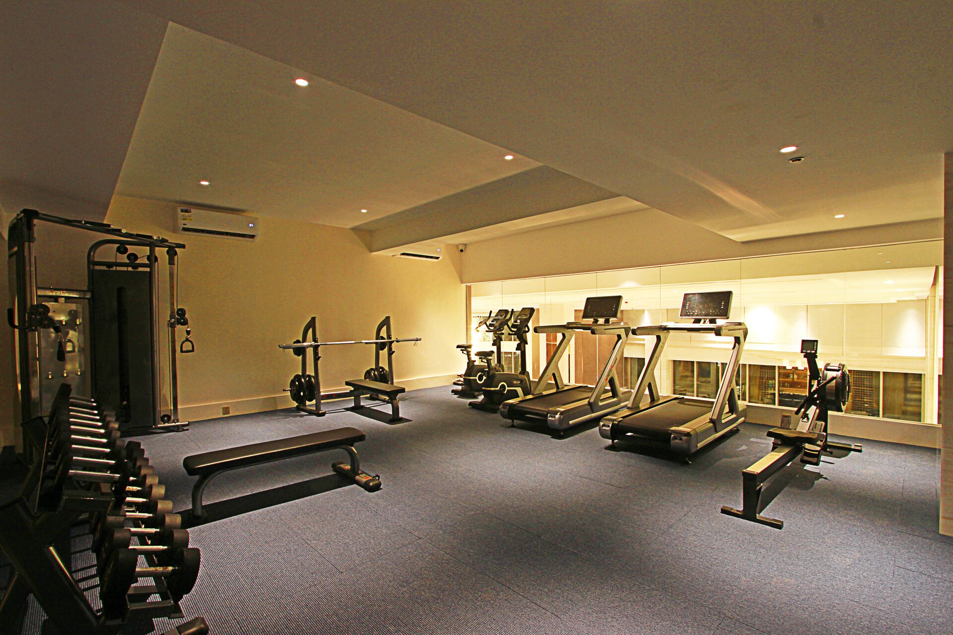 A gym with treadmills, elliptical machines, and weightlifting equipment.