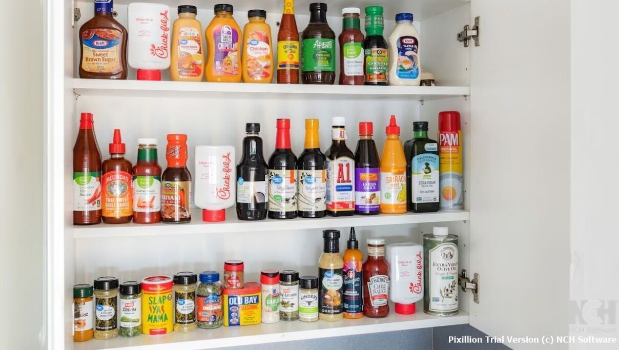 A pantry with various condiments and sauces.