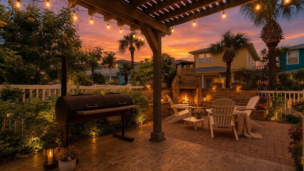 An outdoor patio with a grill, seating, and a fire pit. - Private Pool, Shared Heated Pool, Outdoor Kitchen (Port Aransas)