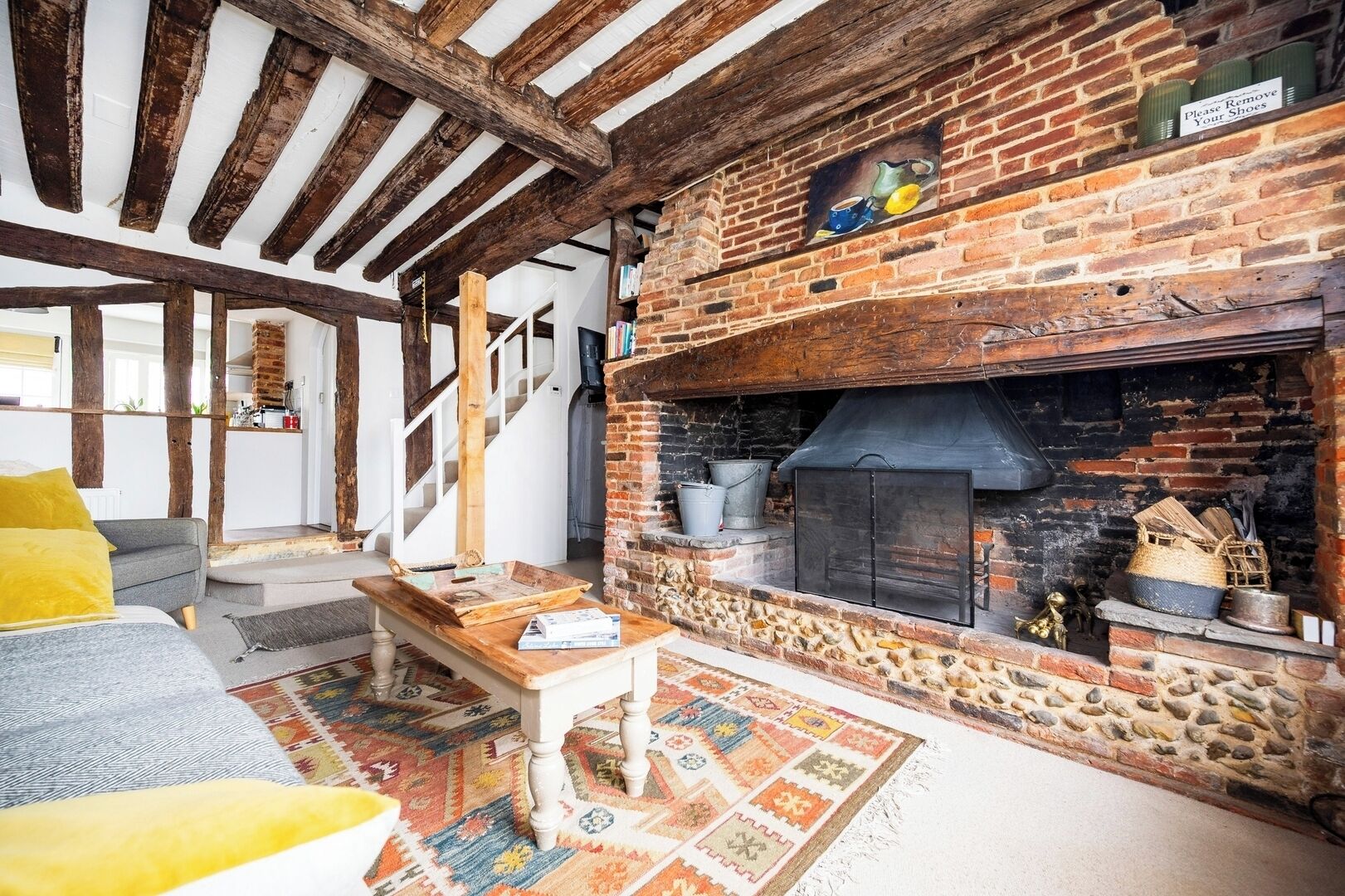 TV, fireplace, books