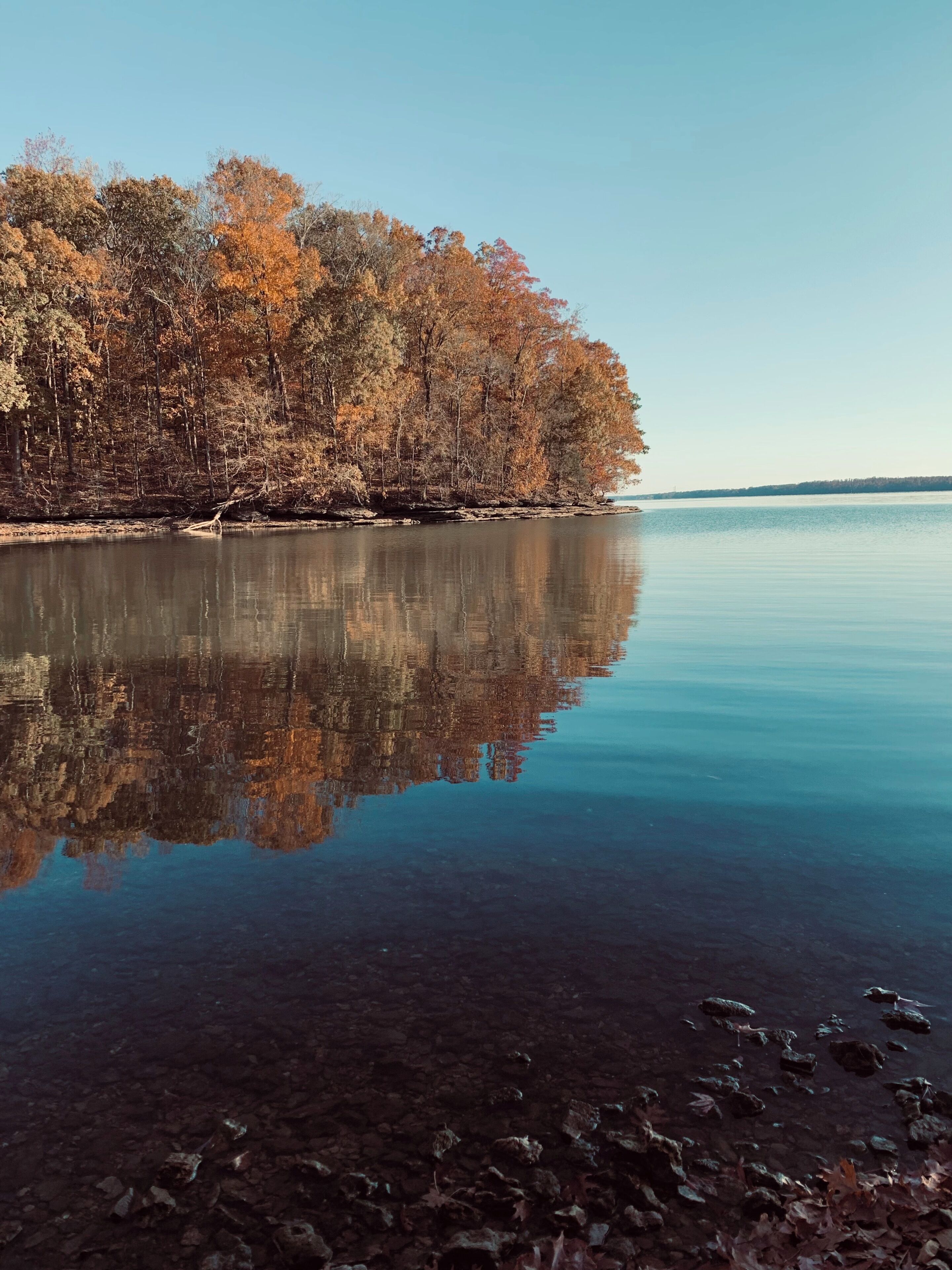 Un lac paisible où se reflètent clairement les arbres et le ciel.