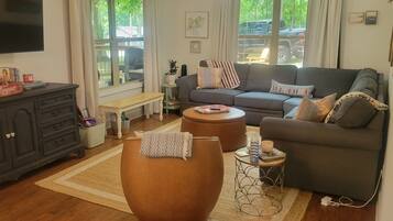 Smart-tv, een open haard, boeken en een muziekbibliotheek