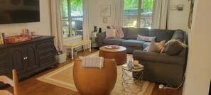 Smart TV, fireplace, books, music library
