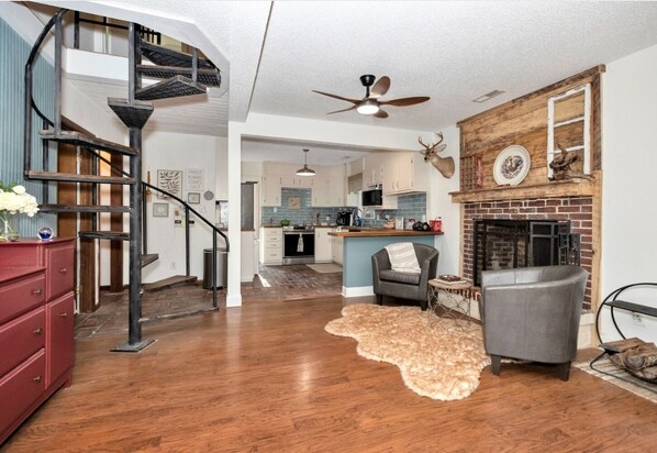 Smart TV, fireplace, books, music library
