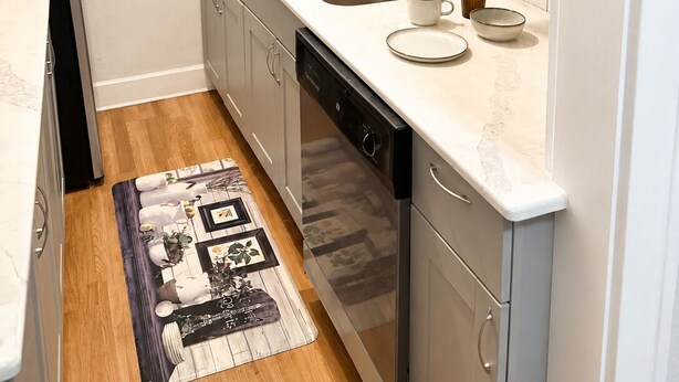 A compact kitchen with white cabinets, a double sink, a dishwasher, and a window with blinds. - Paris-Inspired Downtown Studio - Toyota Center (Houston)
