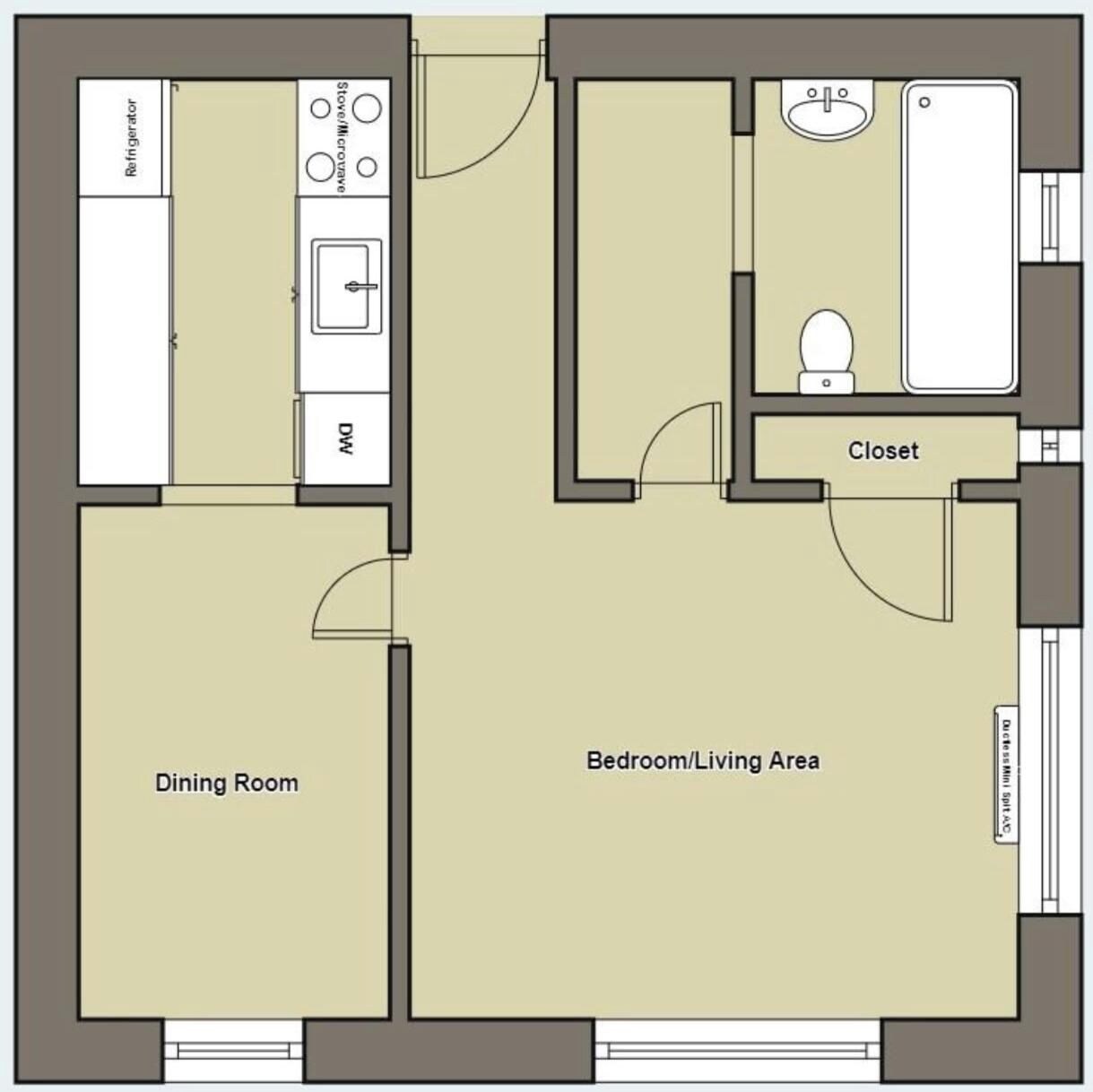 A floor plan with a dining room, bedroom/living area, kitchenette, and bathroom.