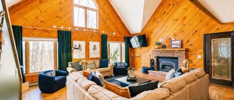 Smart TV, fireplace, books