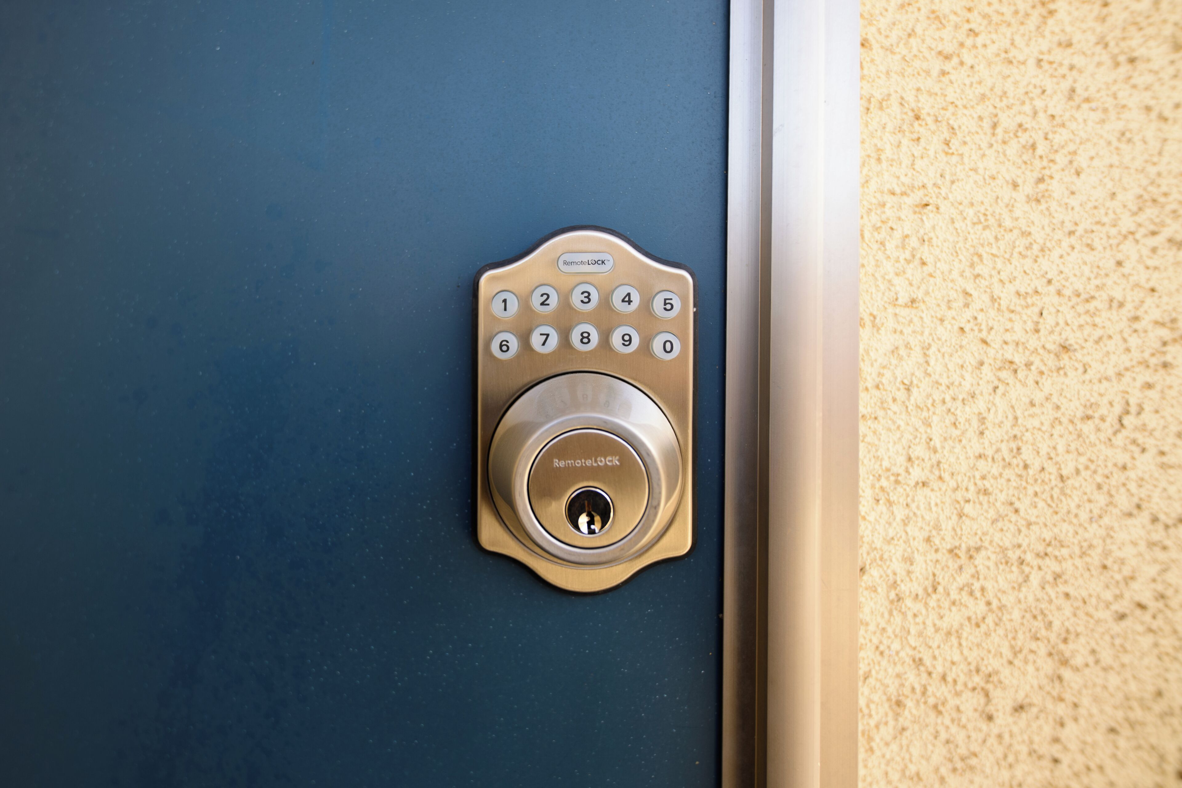 A door with a numeric keypad and a keyhole, suggesting a secure entry point.