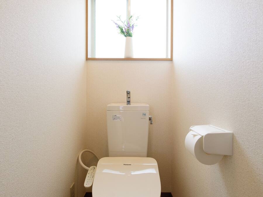 A compact bathroom with a toilet, a small window with a plant, and a wall-mounted toilet paper holder.