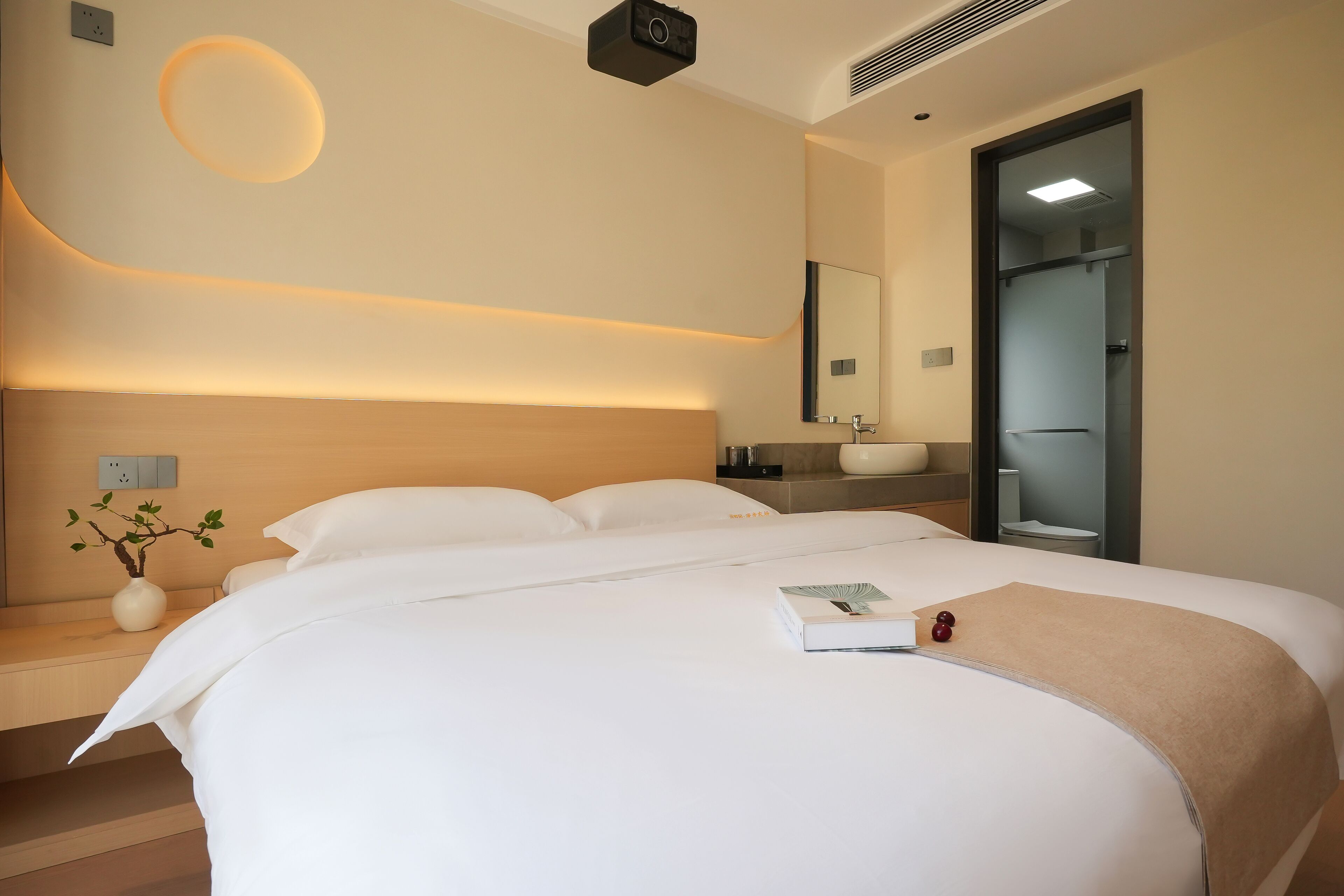 Una habitación de hotel moderna con una cama grande, una mesita de noche y un espejo.