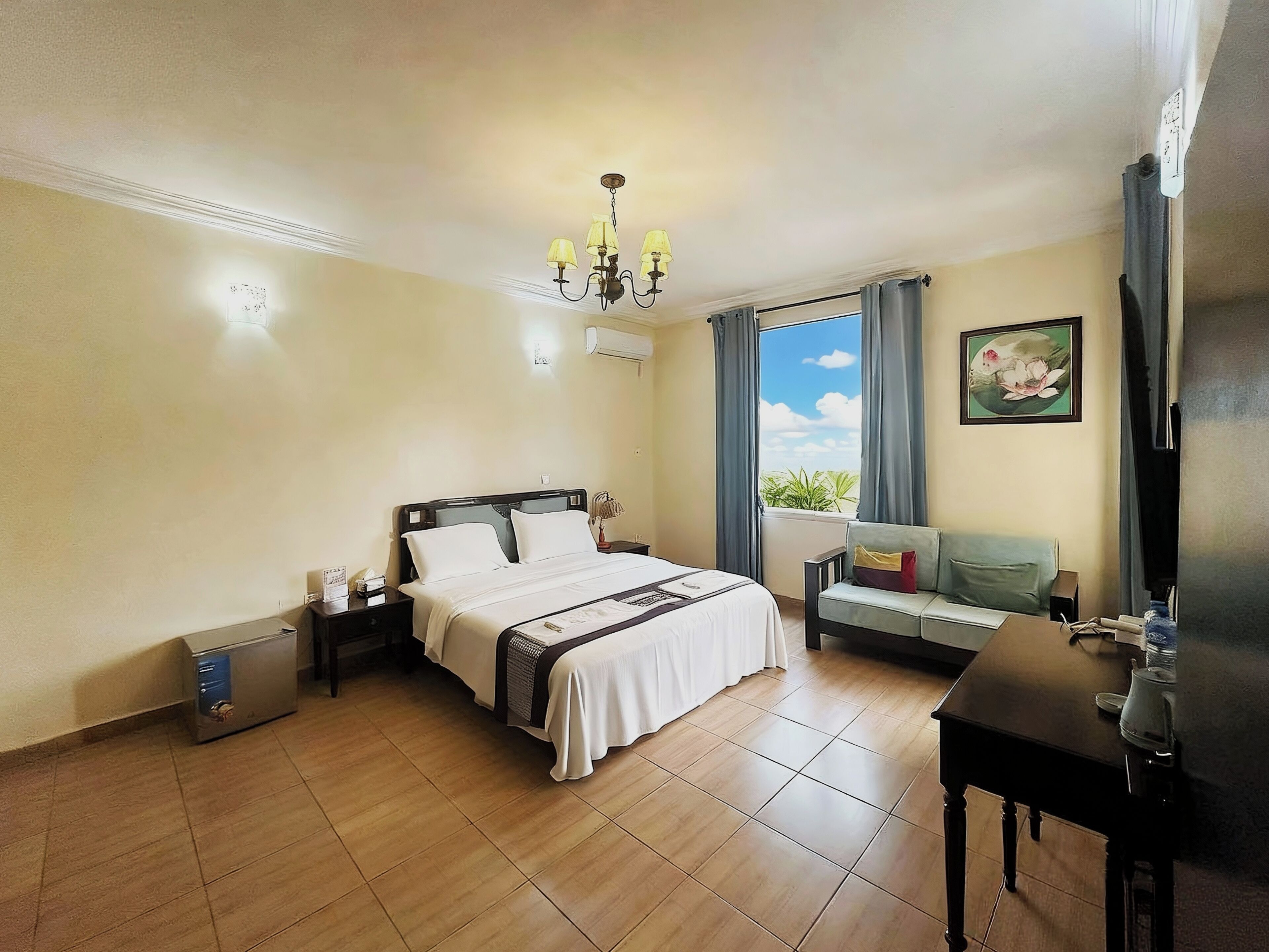 Desk, laptop workspace, blackout curtains, soundproofing