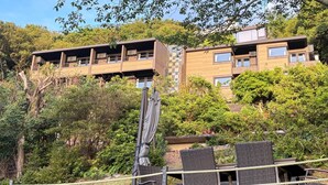 Un edificio de varios pisos con balcones, rodeado de abundante vegetación.