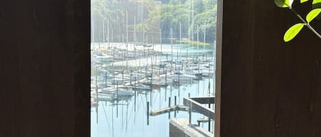 Une vue d’une marina où des bateaux sont amarrés, le tout entouré de verdure.
