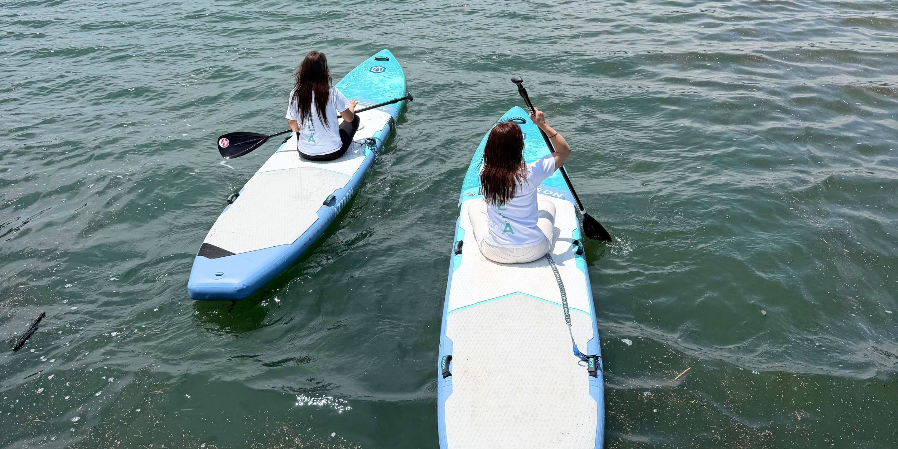Two paddleboards on calm water.
