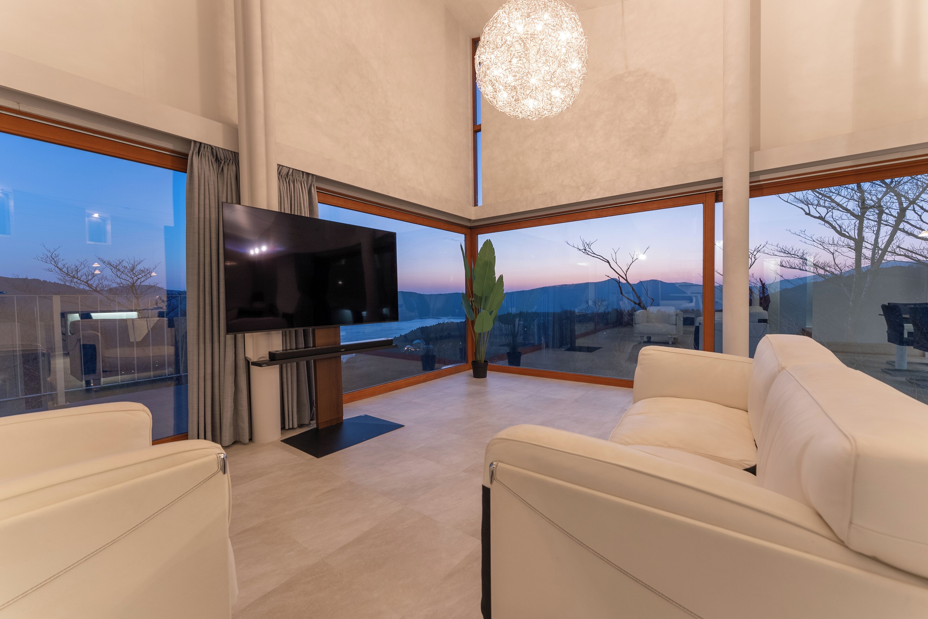 パノラミック ヴィラ バルコニー レイクビュー | リビング エリア | 65 インチのスマートテレビ (デジタル放送視聴可)、DVD プレーヤー