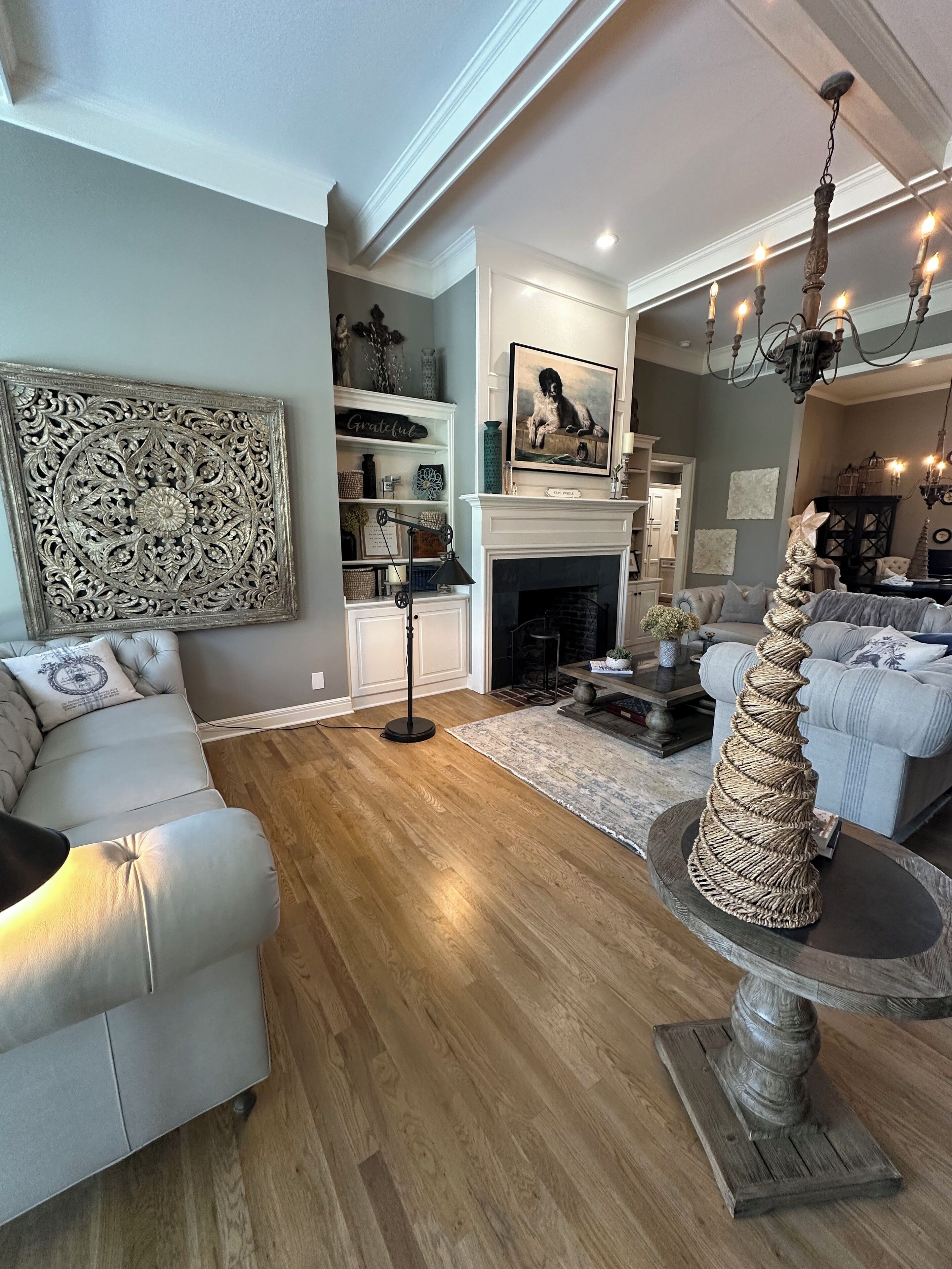 Smart TV, fireplace, books, printers