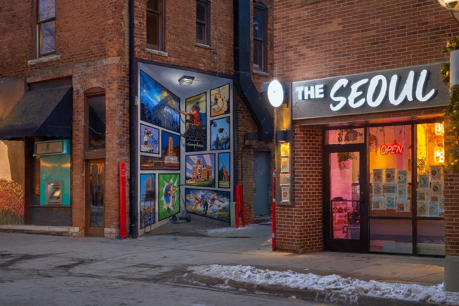 Edificio in mattoni con vetrina che ospita l'attività "The Seoul", con insegna al neon e porta in vetro.