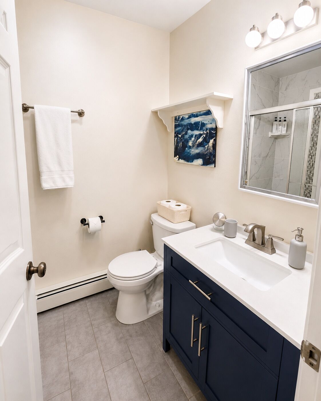 Shower, towels, soap, shampoo