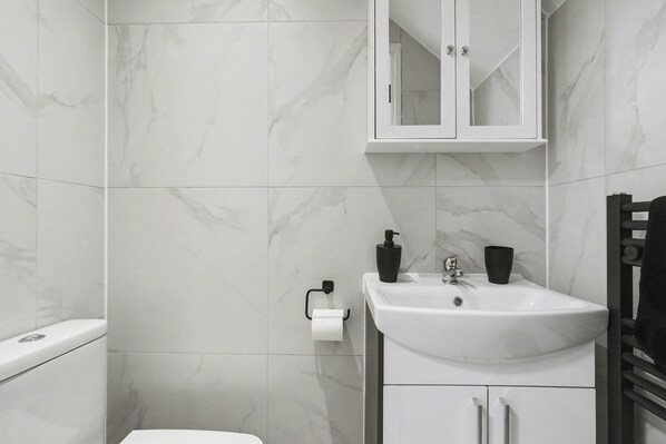 Ein Badezimmer mit Waschbecken, Spiegelkorpus und Toilette.