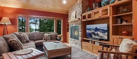 Smart TV, fireplace, books