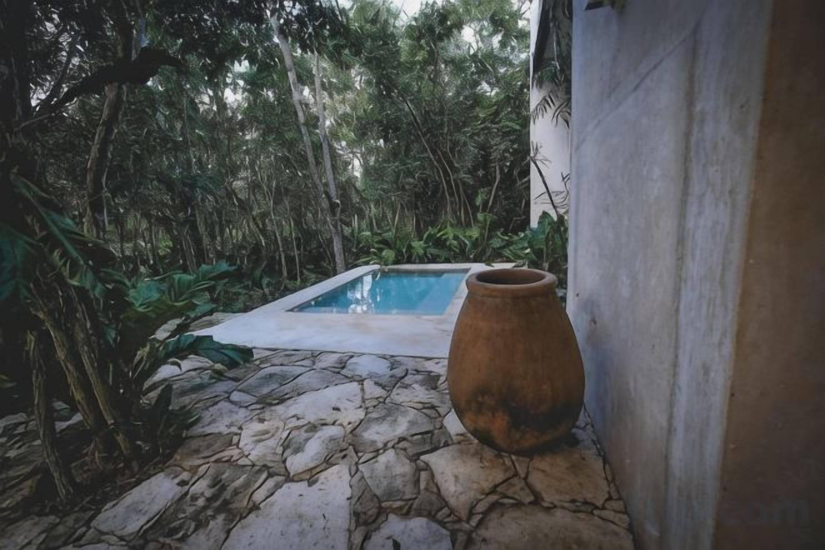A stone-paved area with a swimming pool and a large pot.