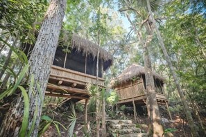 Two thatched-roof structures elevated among trees, with a natural forest floor visible below. - Wakax Hacienda - Cenote & Boutique Hotel (Tulum)